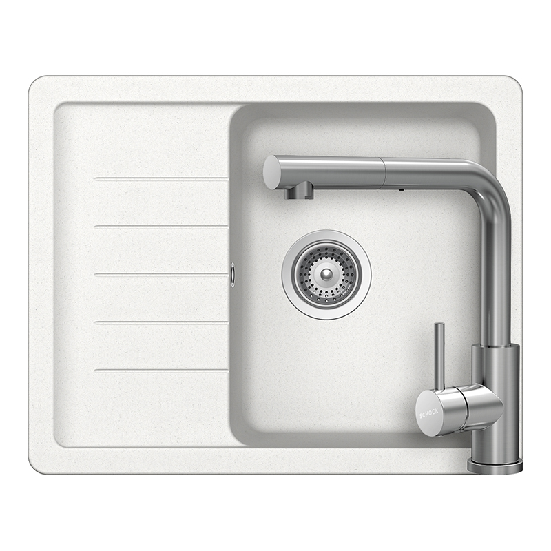 Set chiuveta bucatarie Schock Pinedo D-100XS 620 x 500 mm Cristalite Alpina, alb si baterie bucatarie Schock Kantus cu cap extractibil, Inox Periat [1]