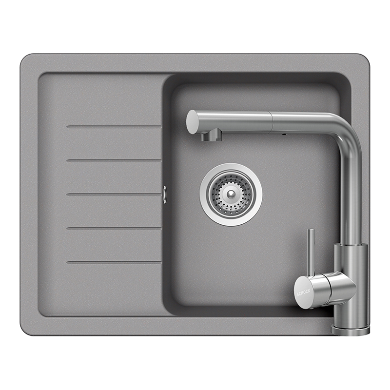 Set chiuveta bucatarie Schock Pinedo D-100XS 620 x 500 mm Cristalite Croma, gri si baterie bucatarie Schock Kantus cu cap extractibil, Inox Periat [1]