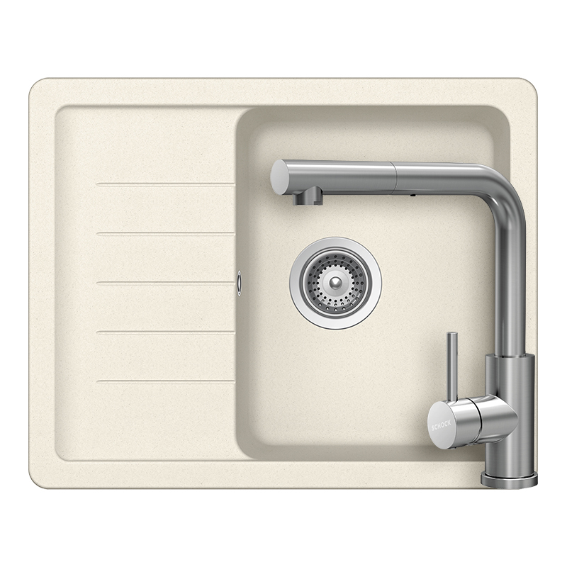 Set chiuveta bucatarie Schock Pinedo D-100XS 620 x 500 mm Cristalite Vanilla, bej deschis si baterie bucatarie Schock Kantus cu cap extractibil, Inox Periat [1]