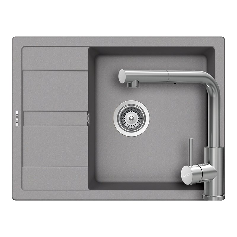 Set chiuveta bucatarie Schock Ronda D-100L 650 x 500 mm Cristalite Croma, gri si baterie bucatarie Schock Kantus cu cap extractibil, Inox Periat [1]