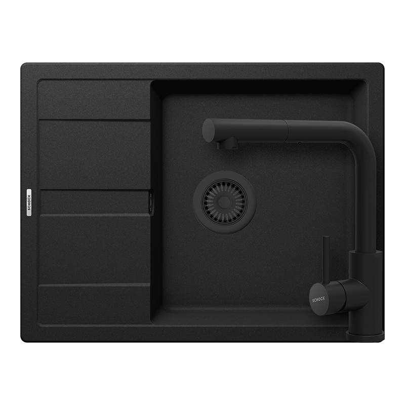 Set chiuveta bucatarie Schock Ronda D-100L 650 x 500 mm Cristalite Nero cu parti vizibile negru si baterie bucatarie Schock Kantus cu cap extractibil, negru [1]