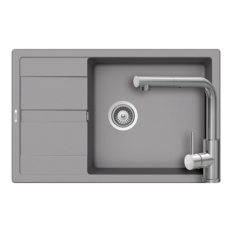 Set chiuveta bucatarie Schock Ronda D-100XL 780 x 500 mm Cristalite Croma, gri si baterie bucatarie Schock Kantus cu cap extractibil, Inox Periat [1]