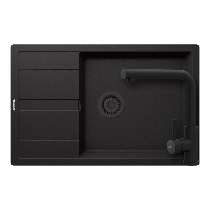 Set chiuveta bucatarie Schock Ronda D-100XL 780 x 500 mm Cristalite Nero cu parti vizibile negru si baterie bucatarie Schock Kantus cu cap extractibil, negru [1]