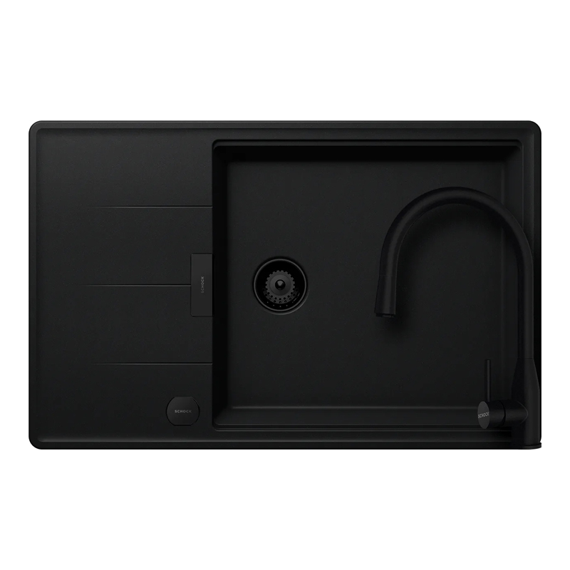 Set chiuveta bucatarie Schock Tia D-100LS 780 x 500 mm Cristadur Puro, negru intens cu parti vizibile si baterie bucatarie Schock Kavus cu cap extractibil Puro [1]