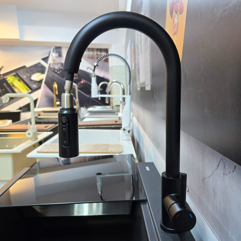 Baterie 3 cai CookingAid Cindy Black apa rece / calda / filtru apa negru mat si perlator detasabil / extractibil cu buton comutare jet / spray [4]