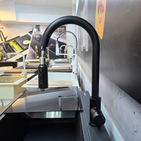 Baterie 3 cai CookingAid Cindy Black apa rece / calda / filtru apa negru mat si perlator detasabil / extractibil cu buton comutare jet / spray [3]