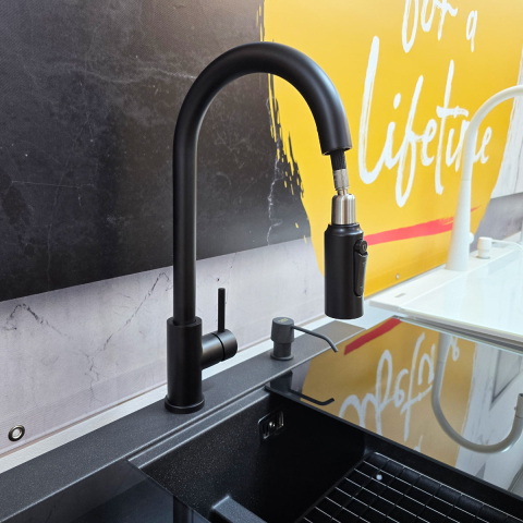 Baterie 3 cai CookingAid Cindy Black apa rece / calda / filtru apa negru mat si perlator detasabil / extractibil cu buton comutare jet / spray [7]