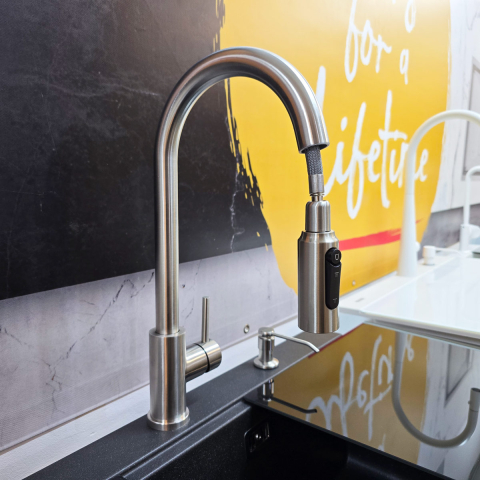 Baterie 3 cai CookingAid Cindy Steel apa rece / calda / filtru apa inox periat si perlator detasabil / extractibil cu buton comutare jet / spray [2]