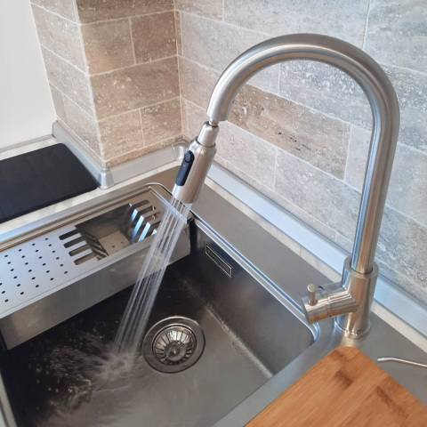 Baterie 3 cai CookingAid Cindy Steel apa rece / calda / filtru apa inox periat si perlator detasabil / extractibil cu buton comutare jet / spray [12]