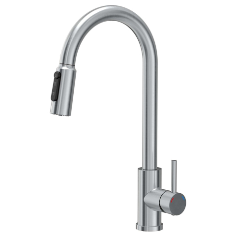 Inox - Baterie 3 cai CookingAid Cindy Steel apa rece / calda / filtru apa inox periat si perlator detasabil / extractibil cu buton comutare jet / spray