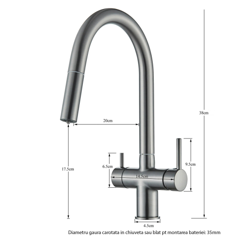 Baterie 3 cai CookingAid THREE FLOW GUN METAL apa rece / calda / filtru apa cu finisaj inox gri metal periat si perlator detasabil / extractibil [9]