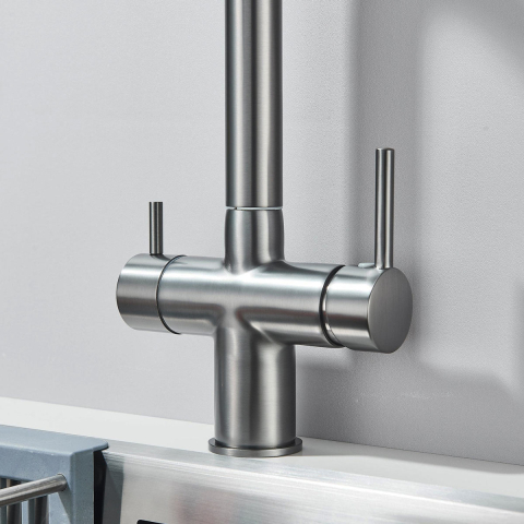 Baterie 3 cai CookingAid THREE FLOW GUN METAL apa rece / calda / filtru apa cu finisaj inox gri metal periat si perlator detasabil / extractibil [1]