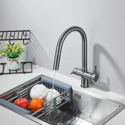 Baterie 3 cai CookingAid THREE FLOW GUN METAL apa rece / calda / filtru apa cu finisaj inox gri metal periat si perlator detasabil / extractibil [2]