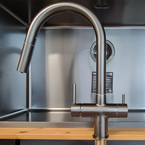 Baterie 3 cai CookingAid THREE FLOW GUN METAL apa rece / calda / filtru apa cu finisaj inox gri metal periat si perlator detasabil / extractibil [8]