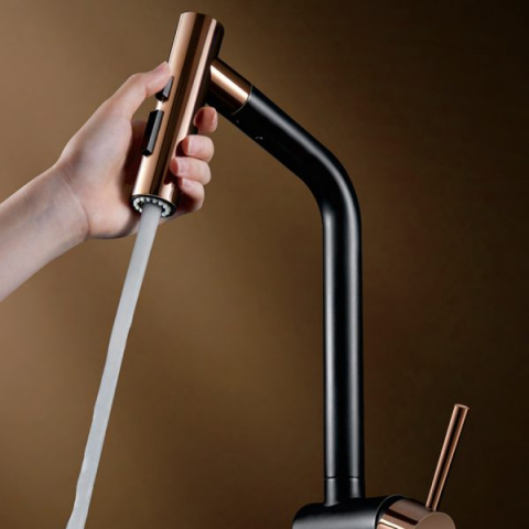 Baterie CookingAid Ferrara Black/Golden Rose cu furtun dus extractibil si buton schimbare dus/jet, culoare negru cu auriu roze [8]