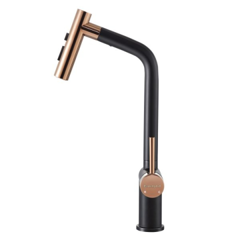 Compozit - Baterie CookingAid Ferrara Black/Golden Rose cu furtun dus extractibil si buton schimbare dus/jet, culoare negru cu auriu roze