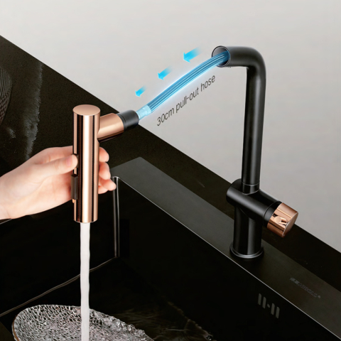 Baterie CookingAid Ferrara Black/Golden Rose cu furtun dus extractibil si buton schimbare dus/jet, culoare negru cu auriu roze [7]