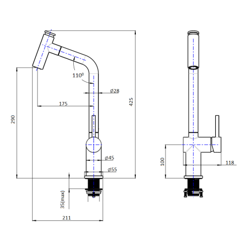 Baterie CookingAid Ferrara Steel cu furtun dus extractibil si buton schimbare dus/jet, culoare inox periat [7]