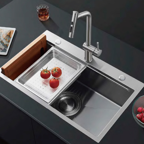 Baterie CookingAid Ferrara Steel cu furtun dus extractibil si buton schimbare dus/jet, culoare inox periat [6]