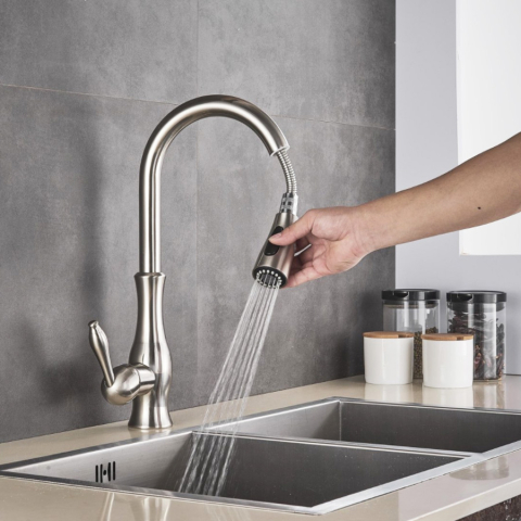 Baterie CookingAid ISLAND TAP cu finisaj periat, furtun dus retractabil / extractibil si buton schimbare de pe dus pe jet [11]