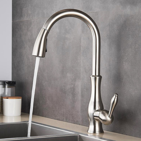 Inox - Baterie CookingAid ISLAND TAP cu finisaj periat, furtun dus retractabil / extractibil si buton schimbare de pe dus pe jet