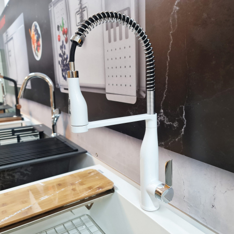 Baterie CookingAid NEO Spring White Chrome cu cap flexibil detasabil + buton interschimbabil jet/dus si finisaj Cromat/Alb [4]