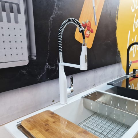 Baterie CookingAid NEO Spring White Chrome cu cap flexibil detasabil + buton interschimbabil jet/dus si finisaj Cromat/Alb [6]