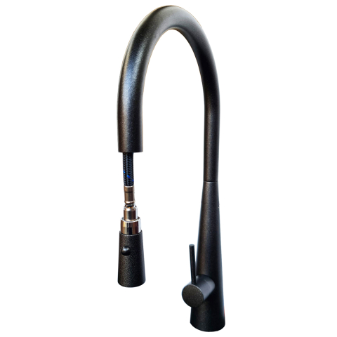 Baterie CookingAid NEWMIX 90 Black Metal Quartz cu finisaj NEGRU Metalic antiamprenta si furtun dus retractabil / extractibil + buton jet/dus [1]