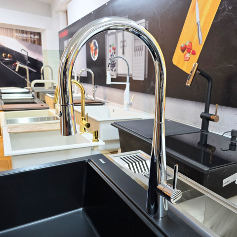 Baterie CookingAid NEWMIX 90 CHROME cu finisaj cromat si furtun dus retractabil / extractibil + buton jet/dus [2]