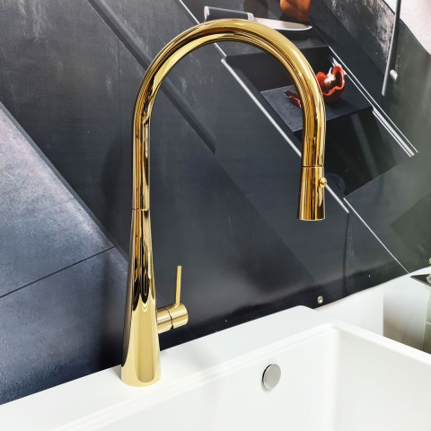 Baterie CookingAid NEWMIX 90 GOLD cu finisaj auriu si furtun dus retractabil / extractibil + buton jet/dus [12]