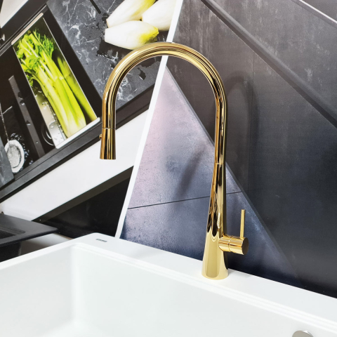 Baterie CookingAid NEWMIX 90 GOLD cu finisaj auriu si furtun dus retractabil / extractibil + buton jet/dus [13]