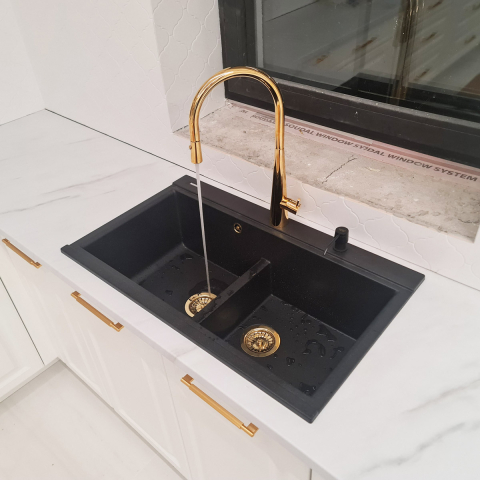 Baterie CookingAid NEWMIX 90 GOLD cu finisaj auriu si furtun dus retractabil / extractibil + buton jet/dus [2]