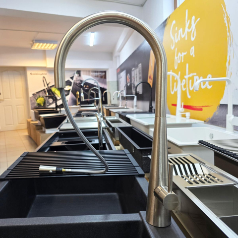 Baterii - Baterie CookingAid NEWMIX 90 STEEL cu finisaj periat si furtun dus retractabil / extractibil + buton jet/dus