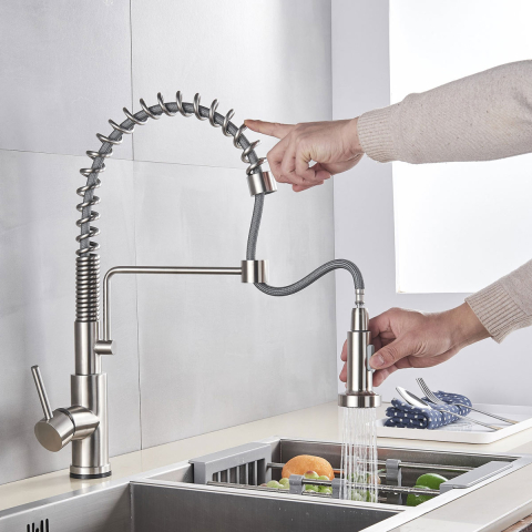 Inox - Baterie CookingAid TOUCH ON SPRING ROUND CU SENZOR ATINGERE inox periat si furtun dus retractabil / extractibil + buton interschimbabil jet/dus