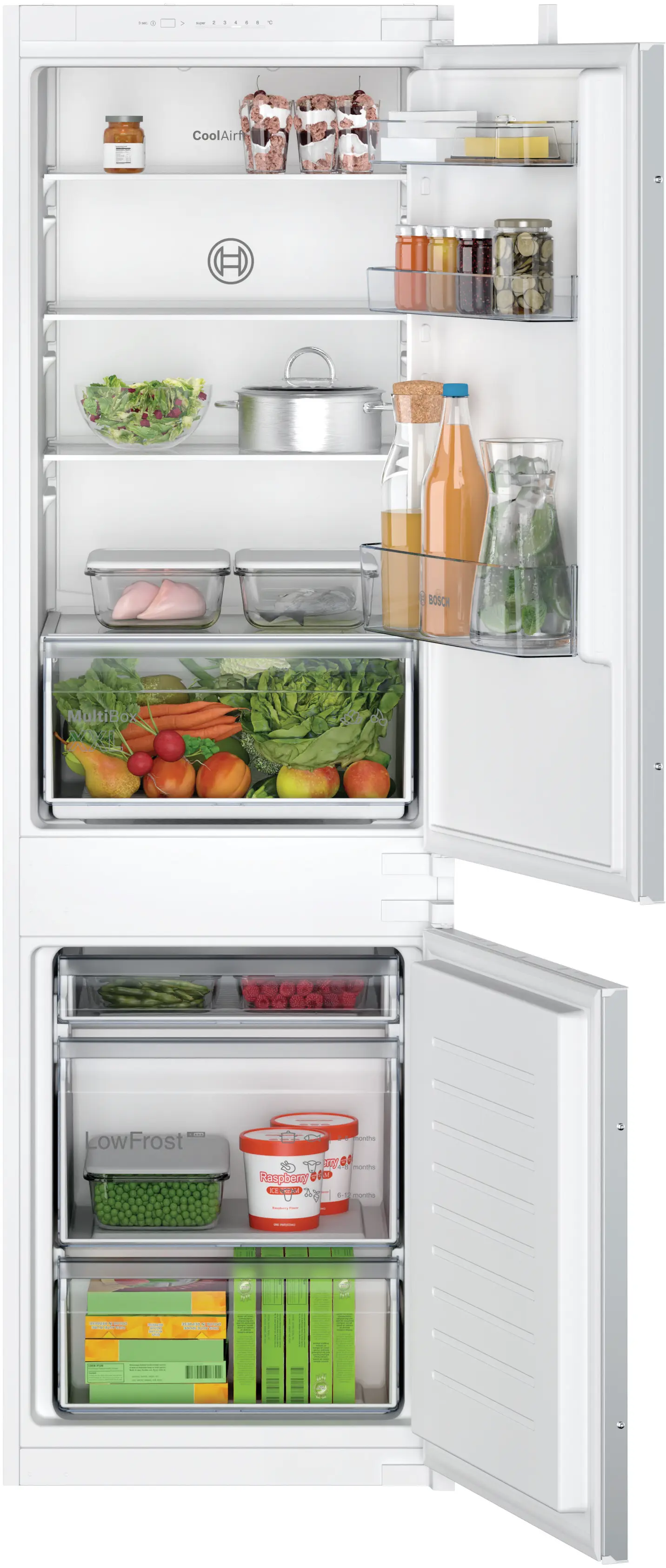 Incorporabil - Bosch KIV86NSE0 - combină frigorifică încorporabilă, Seria 2, 177,2 cm, 267 litri, balama culisantă, clasa E