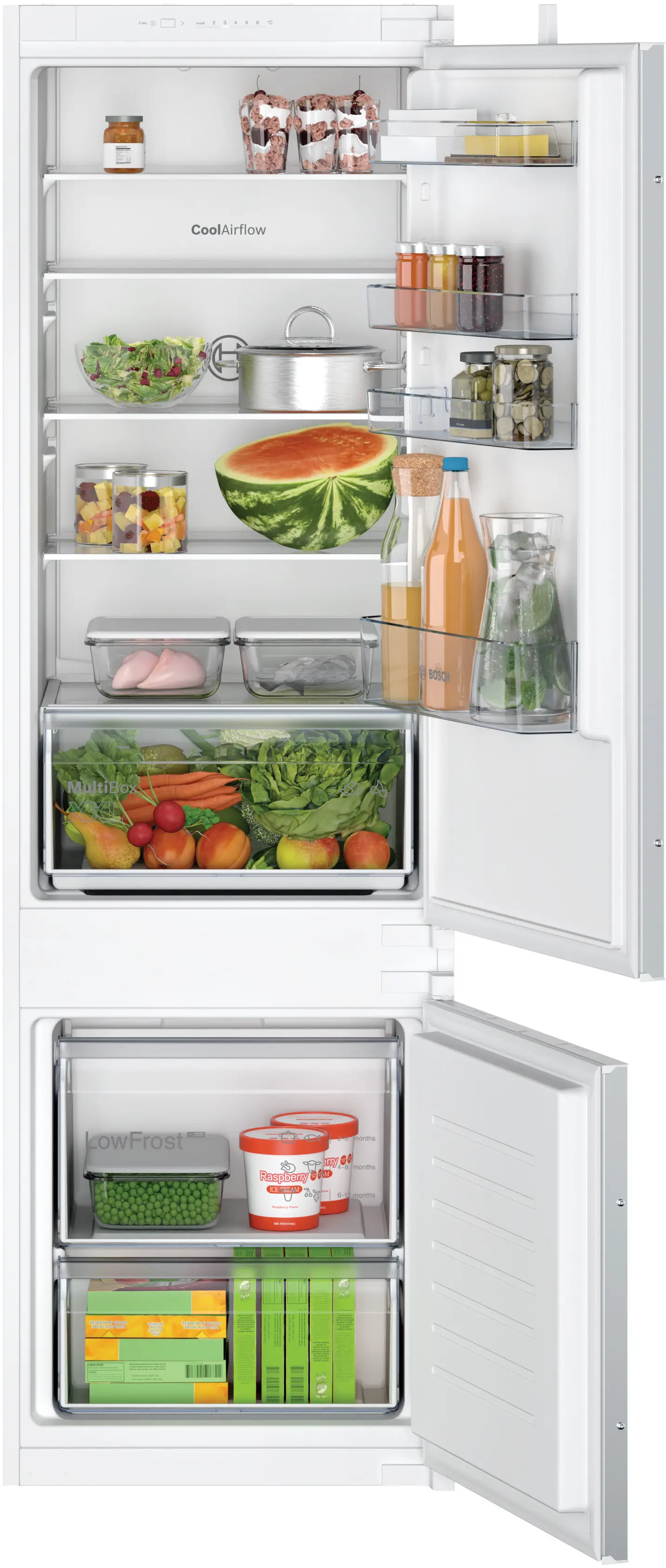 Incorporabil - Bosch KIV87NSE0 - combină frigorifică încorporabilă, Seria 2, 177,2 cm, 270 litri, balama culisantă, clasa E