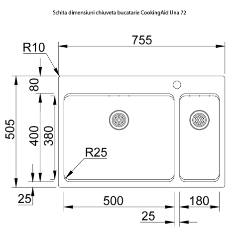 Chiuveta bucatarie cu 2 cuve inox CookingAid UNA 72 cu Bonus: tocator Versus din ABS reversibil in scurgator vase + accesorii montaj [23]