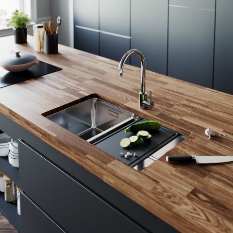 Chiuvete - Chiuveta bucatarie cu 2 cuve inox CookingAid UNA 75 cu Bonus: tocator Bambus + accesorii montaj