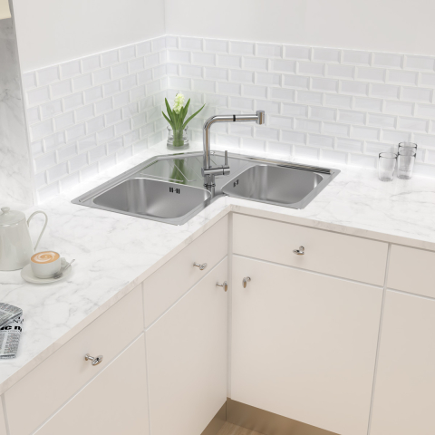 Chiuveta bucatarie cu 2 cuve inox dubla CookingAid KEPPLER BB pe colt reversibila stanga/dreapta cu picurator + accesorii montaj [1]