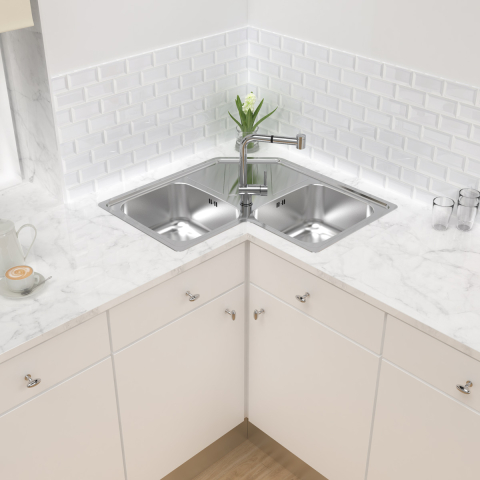 Chiuvete & Baterii - Chiuveta bucatarie cu 2 cuve inox dubla CookingAid KEPPLER BB pe colt reversibila stanga/dreapta cu picurator + accesorii montaj