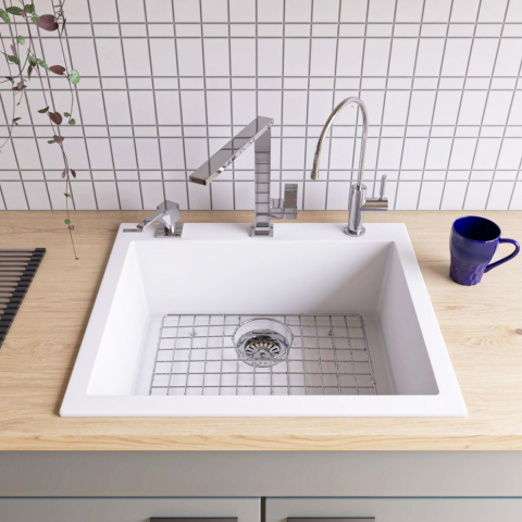 Chiuveta bucatarie granit CookingAid Cube ON5610 Alba / Polar White + accesorii montaj [5]