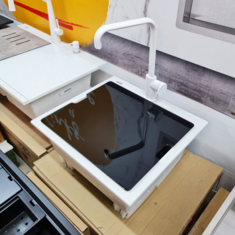 Chiuveta bucatarie granit CookingAid Cube ON5610 Alba / Polar White + accesorii montaj [6]