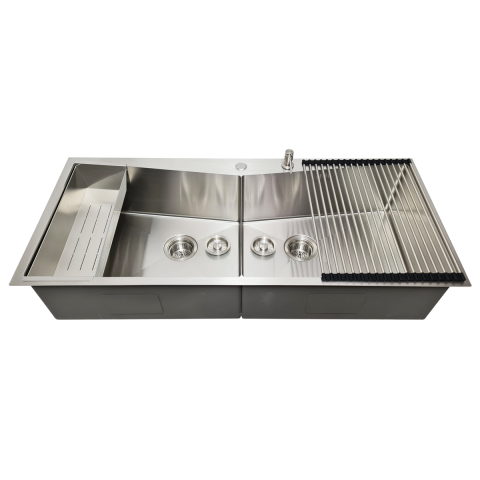 Chiuvete - Chiuveta bucatarie HORECA inox dubla CookingAid VENUS-R Workstation cu dozator detergent, scurgator vase/paste/fructe, gratar rulabil inox + accesorii montaj