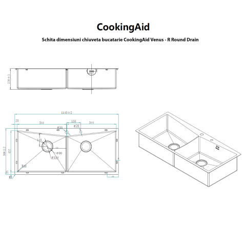 Chiuveta bucatarie HORECA inox dubla CookingAid VENUS-R Workstation cu dozator detergent, scurgator vase/paste/fructe, gratar rulabil inox + accesorii montaj [8]