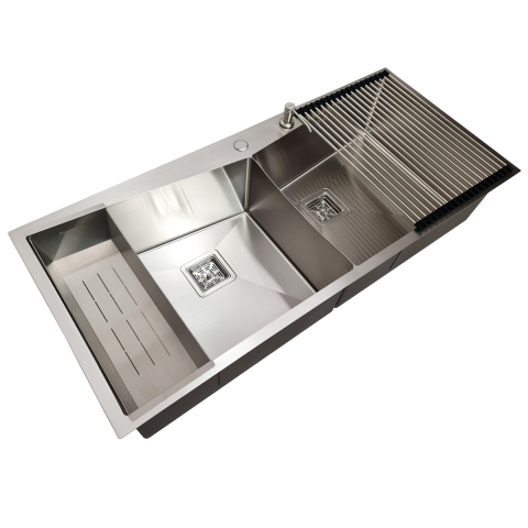 Chiuveta bucatarie HORECA inox dubla CookingAid VENUS-S Workstation cu dozator detergent, scurgator vase/paste/fructe, gratar rulabil inox + accesorii montaj [3]