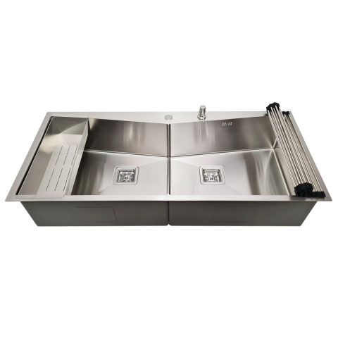 Chiuveta bucatarie HORECA inox dubla CookingAid VENUS-S Workstation cu dozator detergent, scurgator vase/paste/fructe, gratar rulabil inox + accesorii montaj [6]