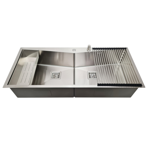 Chiuveta bucatarie HORECA inox dubla CookingAid VENUS-S Workstation cu dozator detergent, scurgator vase/paste/fructe, gratar rulabil inox + accesorii montaj [4]