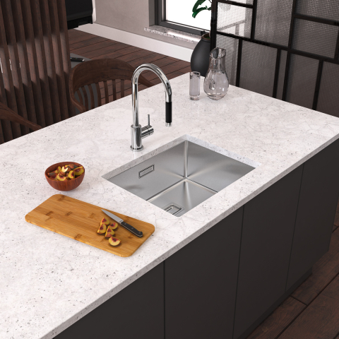 Inox - Chiuveta bucatarie inox CookingAid Box Lux 50 cu montaj pe/sub blat cu ventil scurgere dreptunghiular si accesorii montaj