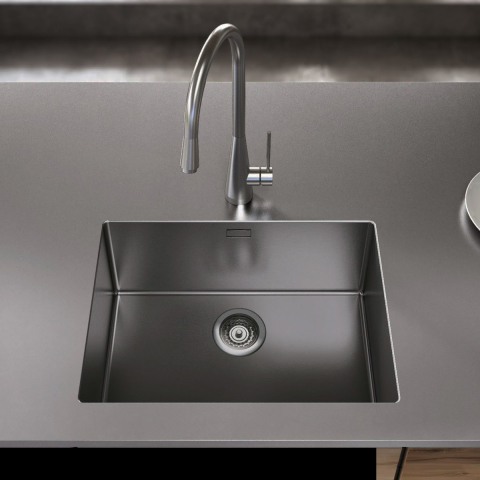 Inox - Chiuveta bucatarie inox CookingAid BOX LUX 50 DARK GREY cu strat PVD ceramic culoare gri inchis / negru cu montaj pe/sub blat + accesorii montaj