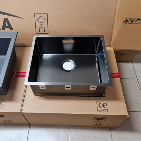 Chiuveta bucatarie inox CookingAid BOX LUX 50 DARK GREY cu strat PVD ceramic culoare gri inchis / negru cu montaj pe/sub blat + accesorii montaj [13]